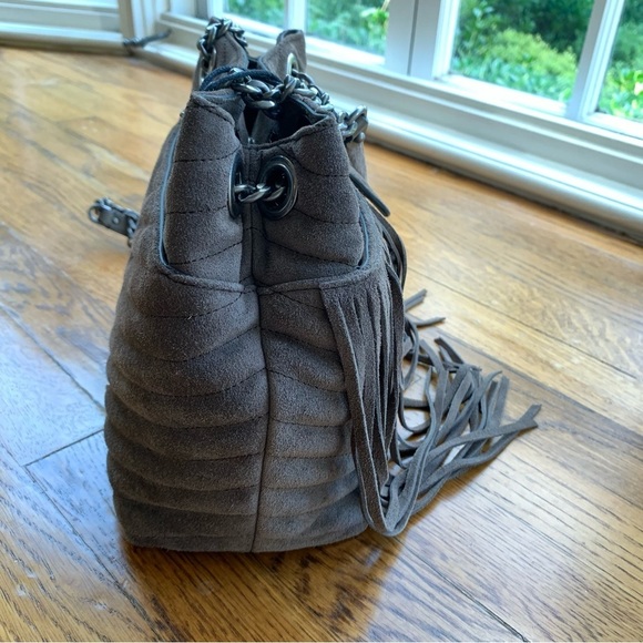 New Rebecca Minkoff Edie Fringe Quilt Suede Crossbody Bag Purse Handbag, Porcini - Picture 13 of 14